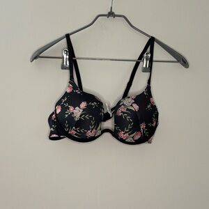 Black and Pink Floral Underwire Bra with Adjustable Straps